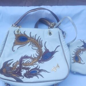 White Embroidered Peacock-Feather Tote Bag